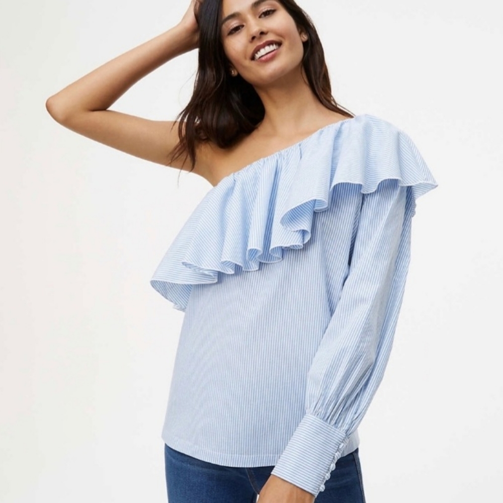 Loft One Shoulder Blue White Striped Ruffle Blouse Top Medium NEW NWT